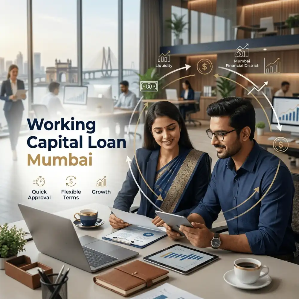 Indian professionals in working capital operations with subtle cash flow arrows over a soft office/business operations. Clean center space, realistic lighting and a premium corporate style convey cash flow support, trust and growth.