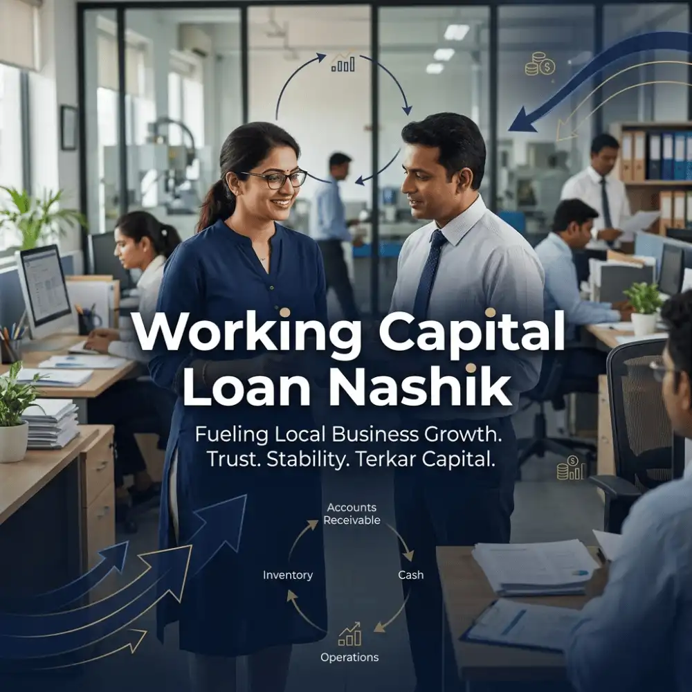 Indian professionals in working capital operations with subtle cash flow arrows over a soft office/business operations. Clean center space, realistic lighting and a premium corporate style convey cash flow support, trust and growth.