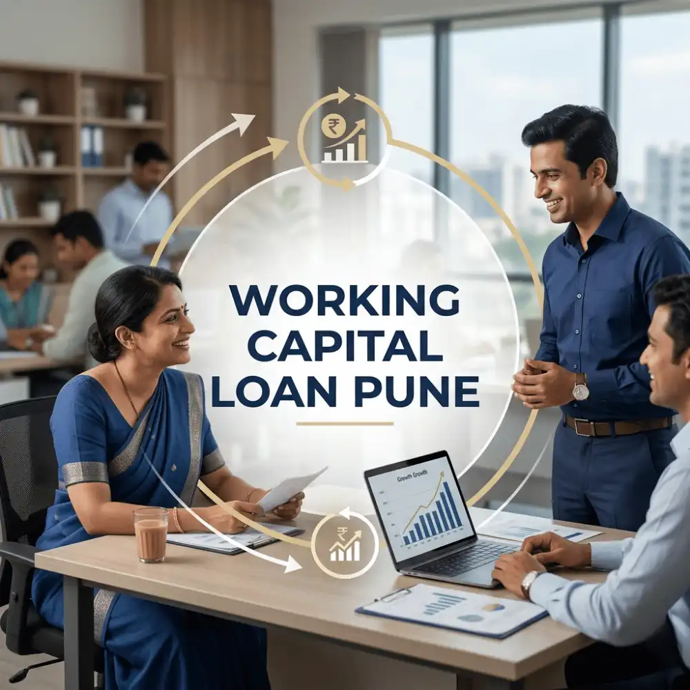 Indian professionals in working capital operations with subtle cash flow arrows over a soft office/business operations. Clean center space, realistic lighting and a premium corporate style convey cash flow support, trust and growth.