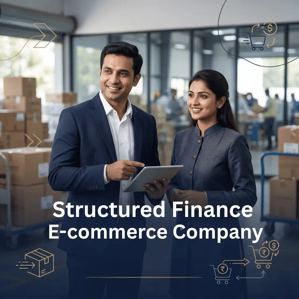 Indian professionals in ecommerce operations with subtle logistics arrows and package icons over a soft warehouse backdrop. Clean center space, realistic lighting and a premium corporate style convey structured funding, trust and growth.