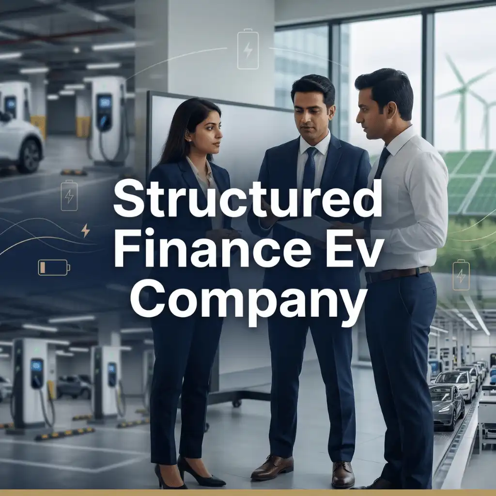 Indian professionals in electric vehicle manufacturing with subtle battery icons over a soft EV charging or production setup. Clean center space, realistic lighting and a premium corporate style convey structured funding, trust and growth.