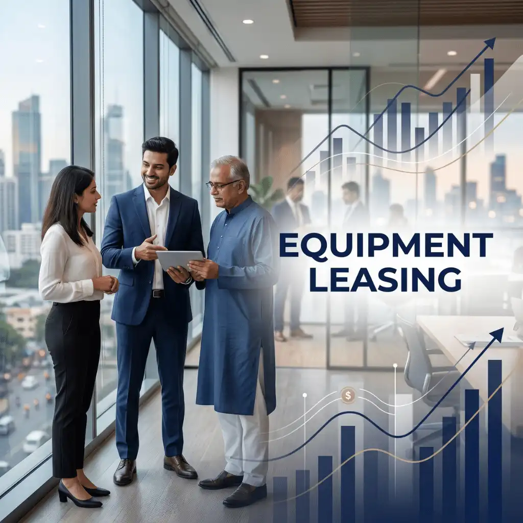 Indian professionals in business finance with subtle financial charts and graphs over a soft corporate office backdrop. Clean center space, realistic lighting and a premium corporate style convey business growth, trust and growth.