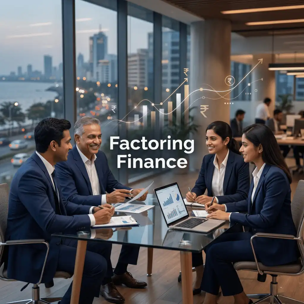 Indian professionals in business finance with subtle financial charts and graphs over a soft corporate office backdrop. Clean center space, realistic lighting and a premium corporate style convey business growth, trust and growth.