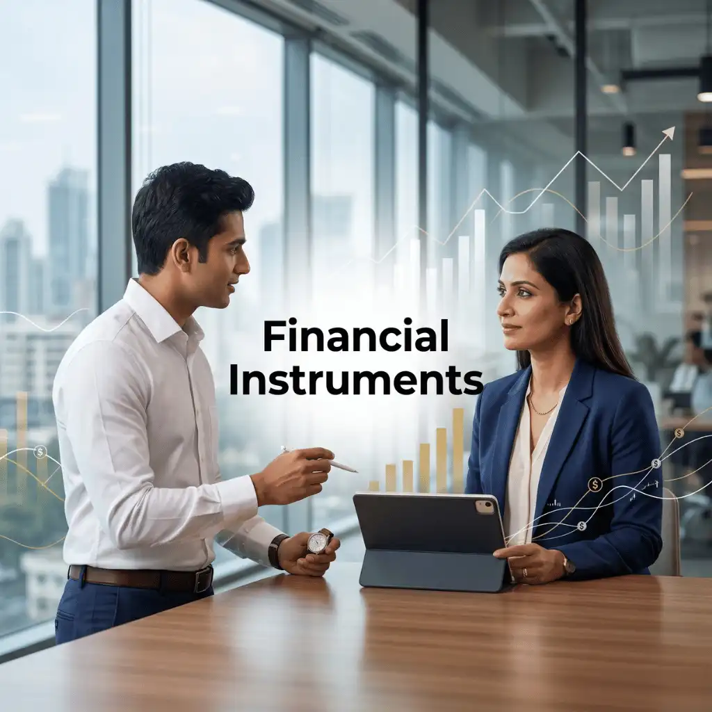 Indian professionals in business finance with subtle financial charts and graphs over a soft corporate office backdrop. Clean center space, realistic lighting and a premium corporate style convey business growth, trust and growth.