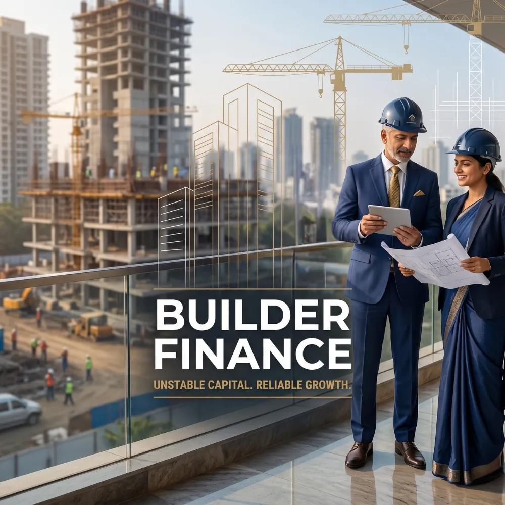 Indian professionals in construction and real estate with subtle building outlines over a soft construction backdrop. Clean center space, realistic lighting and a premium corporate style convey construction growth, trust and growth.