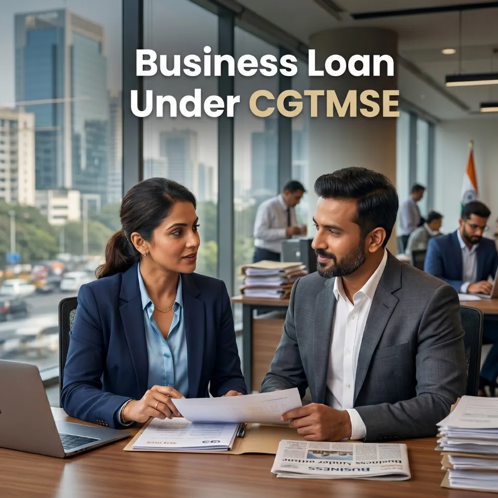 Indian professionals in business finance with subtle financial charts and graphs over a soft corporate office backdrop. Clean center space, realistic lighting and a premium corporate style convey MSME support, trust and growth.