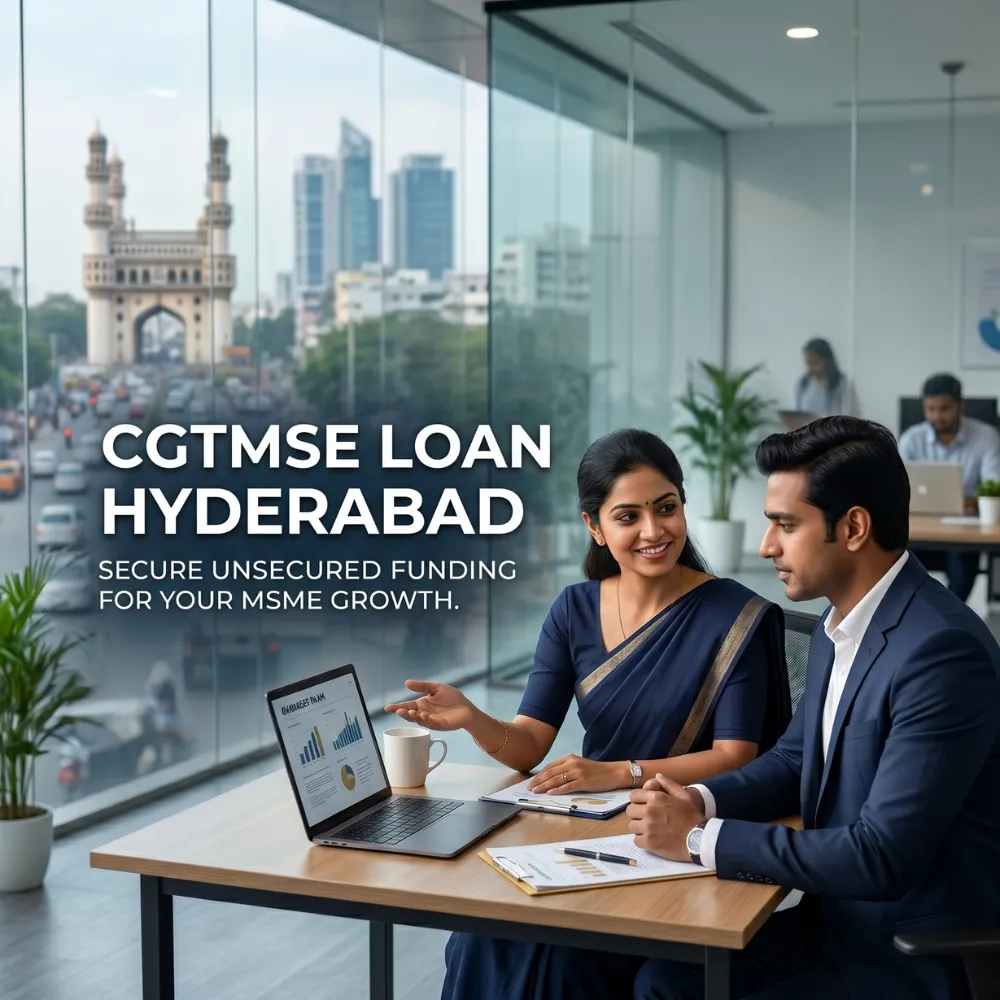 Indian professionals in business finance with subtle financial charts and graphs over a soft corporate office backdrop. Clean center space, realistic lighting and a premium corporate style convey MSME support, trust and growth.
