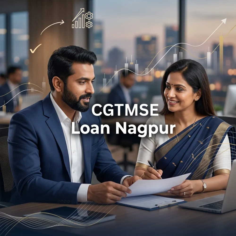 Indian professionals in business finance with subtle financial charts and graphs over a soft corporate office backdrop. Clean center space, realistic lighting and a premium corporate style convey MSME support, trust and growth.