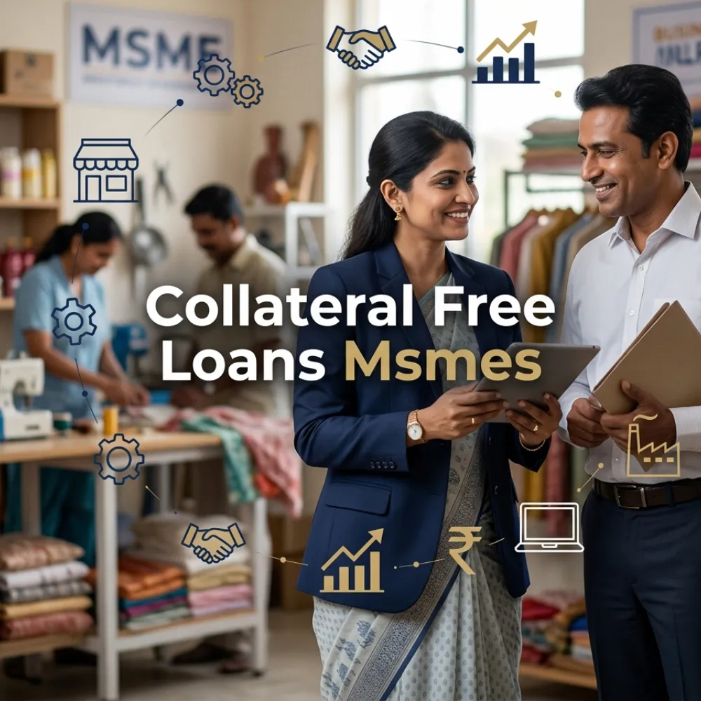 Indian professionals in MSME business operations with subtle small business icons and shop outlines over a soft small business backdrop. Clean center space, realistic lighting and a premium corporate style convey MSME support, trust and growth.