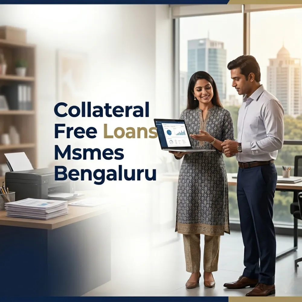 Indian professionals in MSME business operations with subtle small business icons and shop outlines over a soft small business backdrop. Clean center space, realistic lighting and a premium corporate style convey MSME support, trust and growth.
