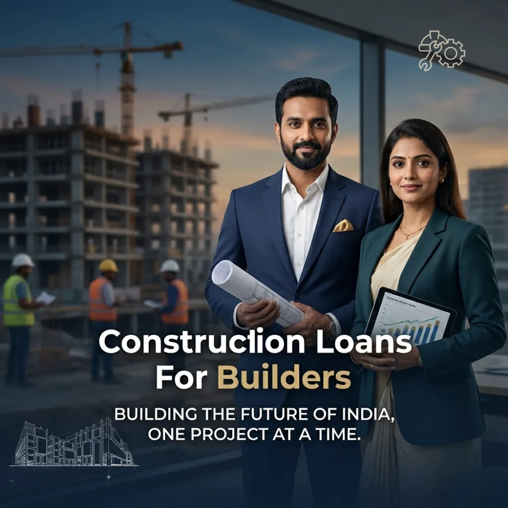 Indian professionals in construction and real estate with subtle building outlines over a soft construction backdrop. Clean center space, realistic lighting and a premium corporate style convey construction growth, trust and growth.