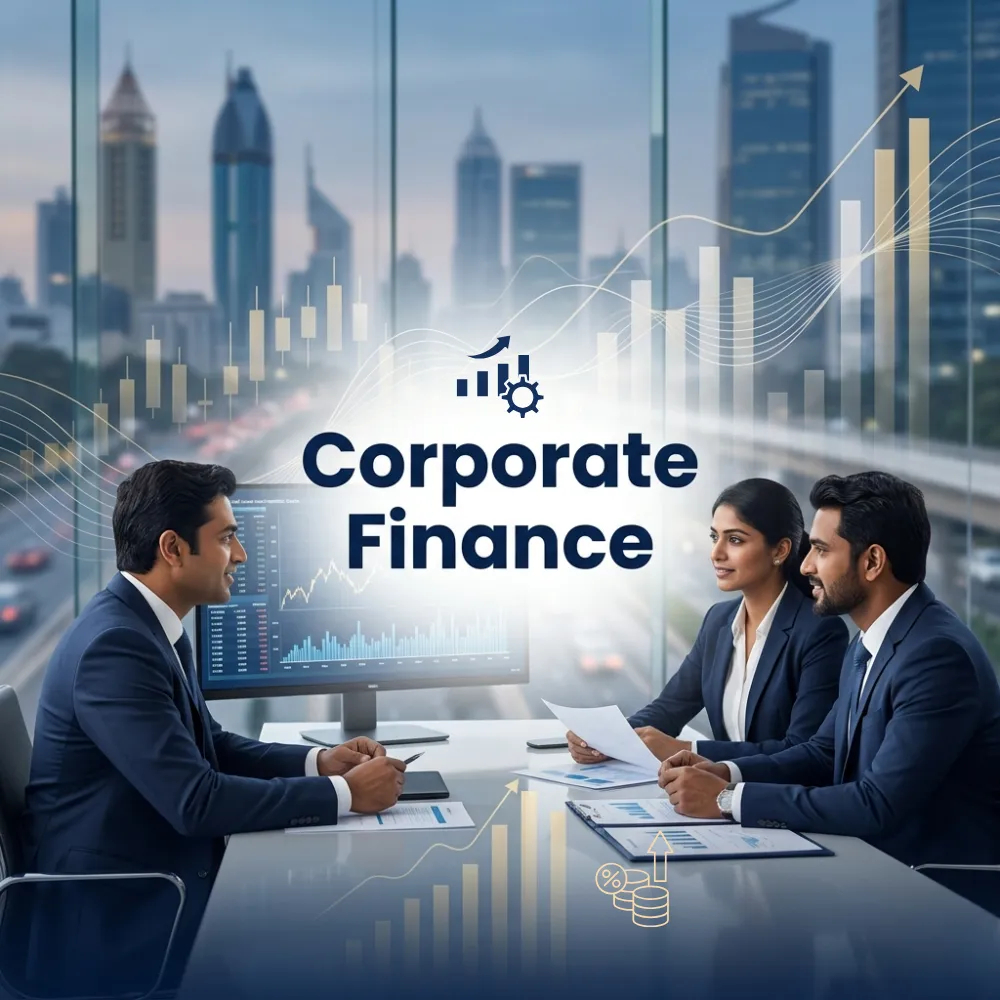 Indian professionals in business finance with subtle financial charts and graphs over a soft corporate office backdrop. Clean center space, realistic lighting and a premium corporate style convey business growth, trust and growth.