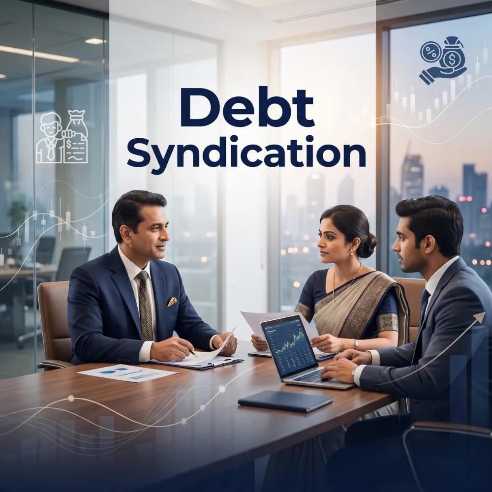 Indian professionals in business finance with subtle financial charts and graphs over a soft corporate office backdrop. Clean center space, realistic lighting and a premium corporate style convey business growth, trust and growth.