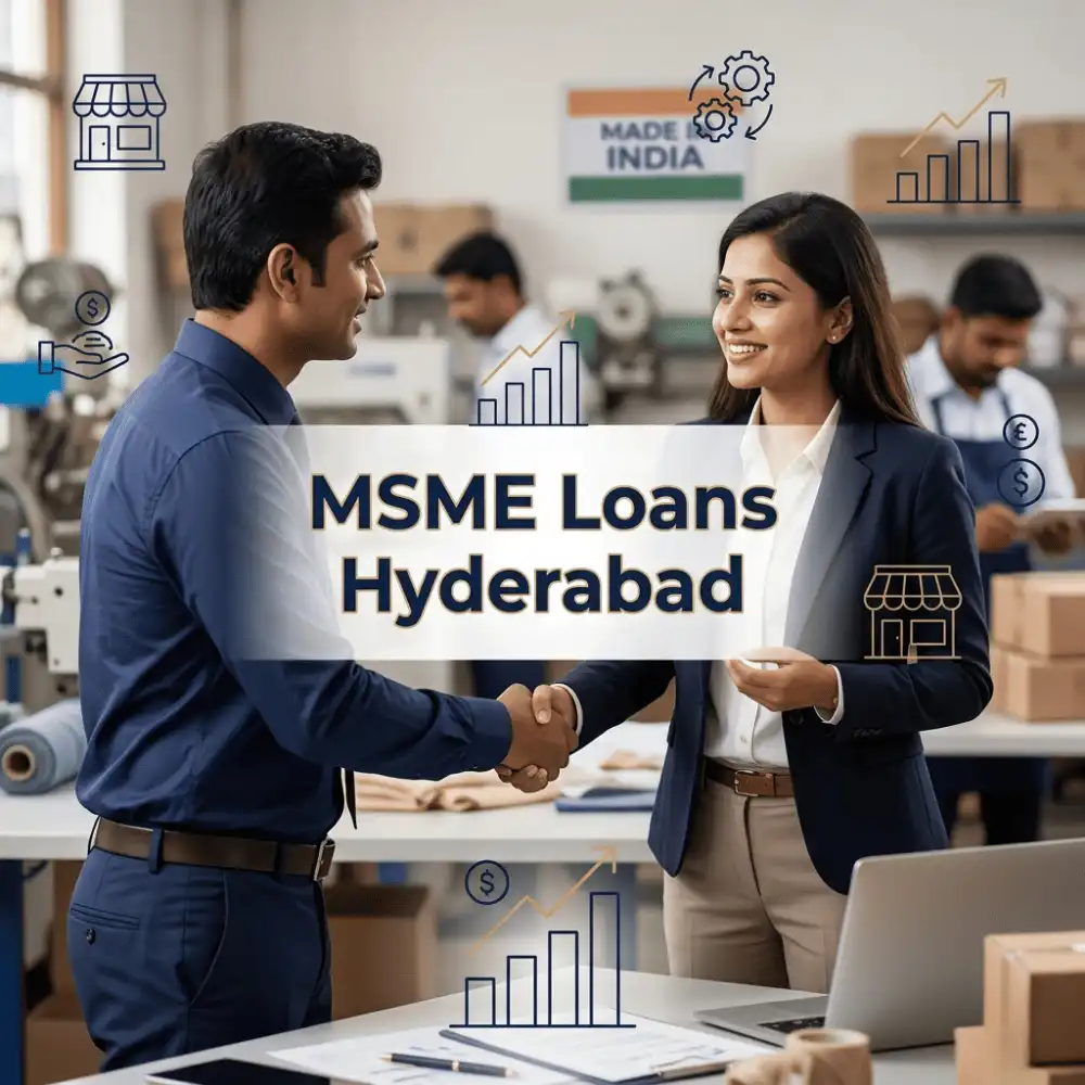Indian professionals in MSME business operations with subtle small business icons and shop outlines over a soft small business backdrop. Clean center space, realistic lighting and a premium corporate style convey MSME support, trust and growth.