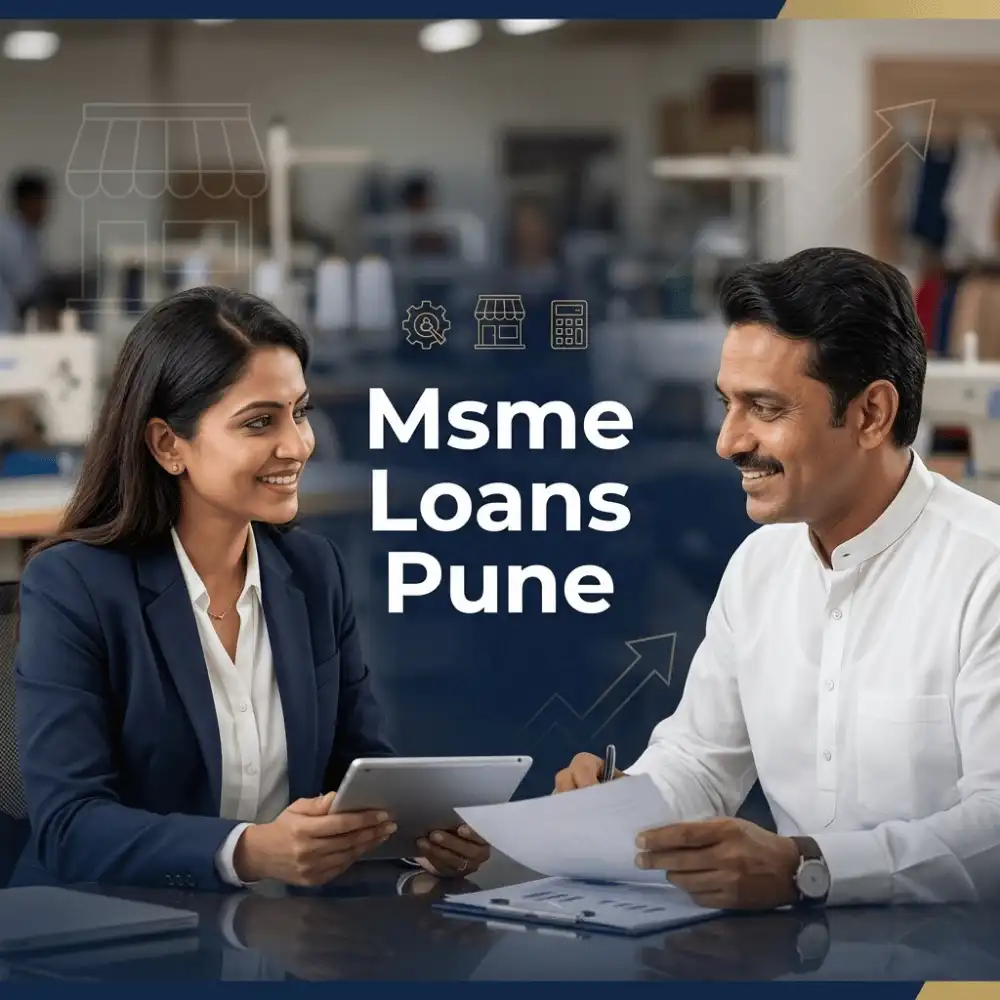 Indian professionals in MSME business operations with subtle small business icons and shop outlines over a soft small business backdrop. Clean center space, realistic lighting and a premium corporate style convey MSME support, trust and growth.