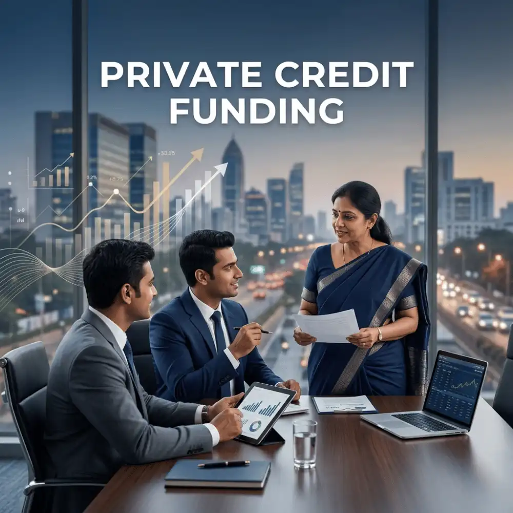 Indian professionals in business finance with subtle financial charts and graphs over a soft corporate office backdrop. Clean center space, realistic lighting and a premium corporate style convey business growth, trust and growth.