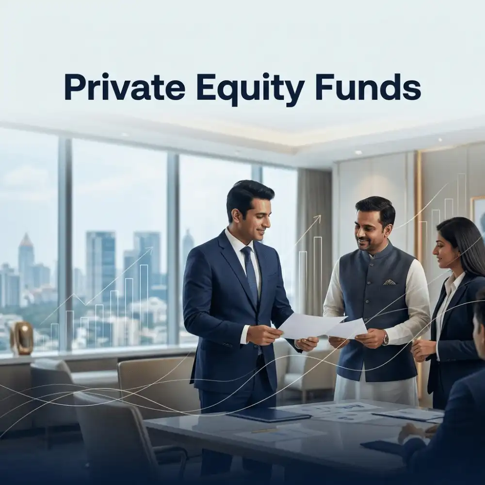 Indian professionals in business finance with subtle financial charts and graphs over a soft corporate office backdrop. Clean center space, realistic lighting and a premium corporate style convey business growth, trust and growth.