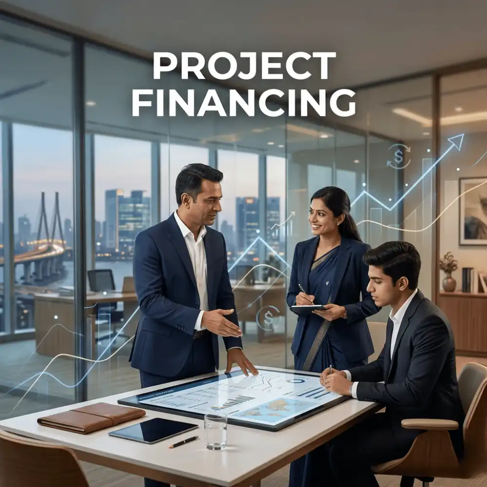 Indian professionals in business finance with subtle financial charts and graphs over a soft corporate office backdrop. Clean center space, realistic lighting and a premium corporate style convey project expansion, trust and growth.