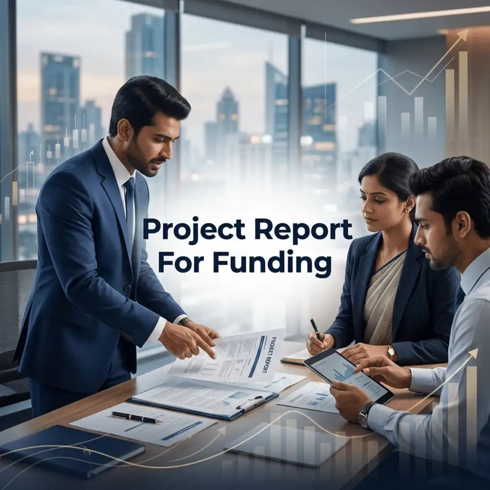 Indian professionals in business finance with subtle financial charts and graphs over a soft corporate office backdrop. Clean center space, realistic lighting and a premium corporate style convey business growth, trust and growth.