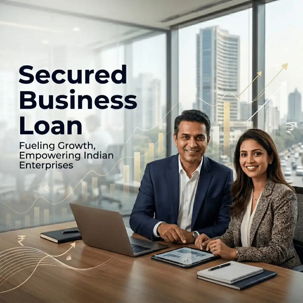 Indian professionals in business finance with subtle financial charts and graphs over a soft corporate office backdrop. Clean center space, realistic lighting and a premium corporate style convey business growth, trust and growth.