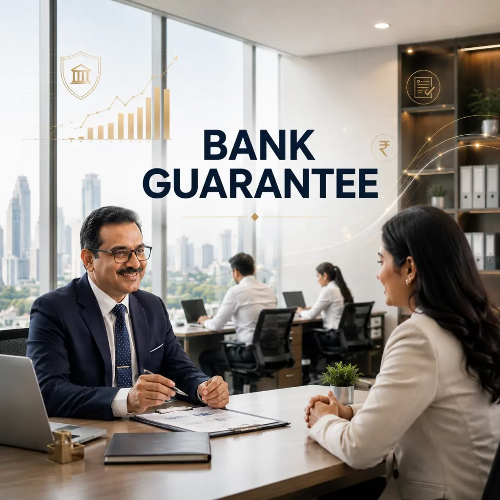 Premium square website hero image for “Bank Guarantee” featuring a realistic Indian corporate finance environment. In the foreground, a confident Indian banker in a navy-blue business suit is seated across from a professional Indian female client during a financial consultation. Both appear professional, approachable, and trustworthy, with natural expressions and polished corporate styling. The composition is clean and balanced, with the subjects positioned slightly off-center to maintain clear central space for the bold headline text “BANK GUARANTEE” in a modern sans-serif font. The background shows a bright, modern corporate office with large glass windows and a soft city skyline view. Behind the main subjects, 4–5 office employees are visible working at desks and laptops in a clean, organized workspace, creating a realistic business atmosphere without clutter. The background remains slightly blurred to maintain focus on the foreground while enhancing depth and professionalism. Elegant financial vector overlays are subtly integrated into the scene, including upward-trending charts, financial graphs, currency flow lines, banking icons, and soft glowing gold accents. The overall color palette combines white, navy blue, beige, and subtle gold tones for a premium financial brand appearance. Lighting is soft, realistic, and high-end, with clean reflections and modern office ambiance. The image conveys trust, growth, financial stability, and professional banking services. Ultra-realistic detail, premium composition, sharp focus on the main subjects, clean corporate aesthetics, and no watermarks, logos, or stock-photo appearance.